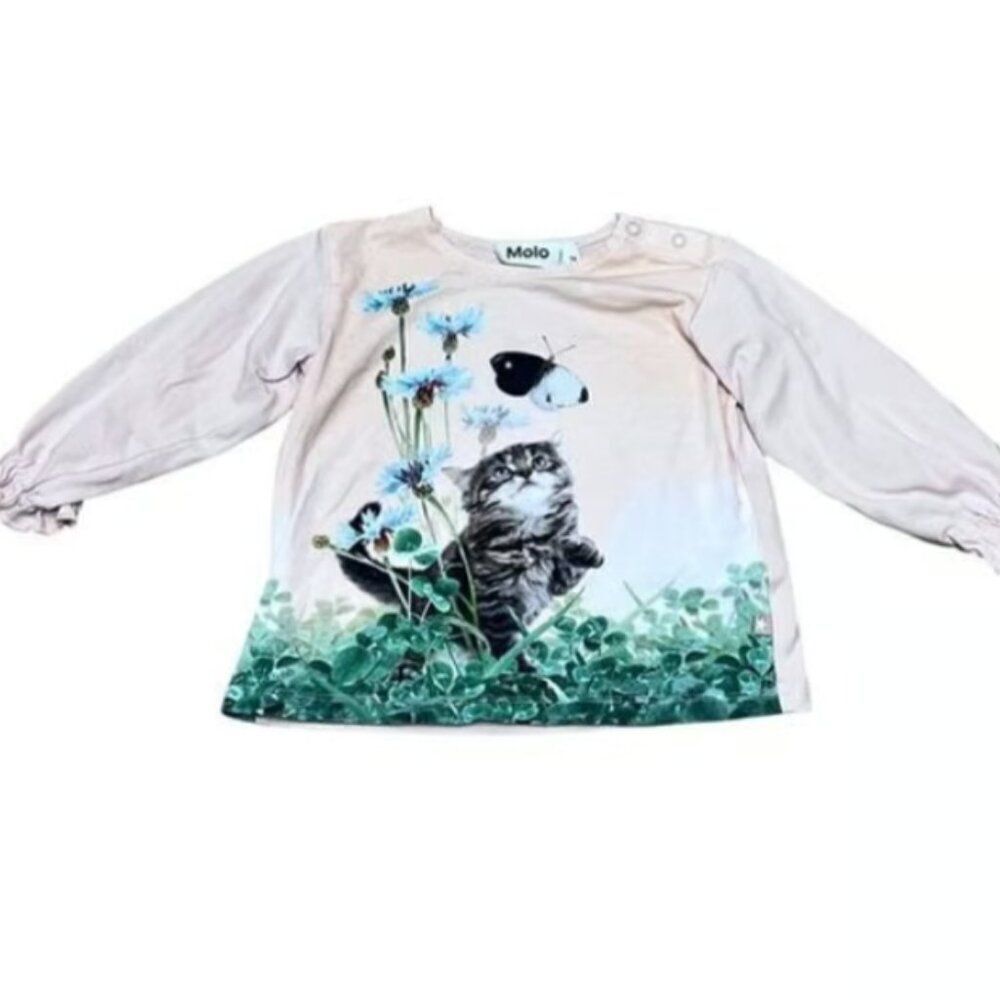Molo Girls Long Sleeve Pink Clover Kitten Butterfly Top Size 9 Months